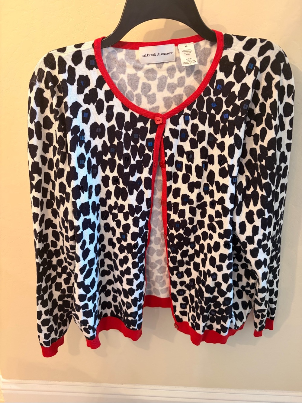 Alfred Dunner Black and White Leopard Print Cardigan with Red Trim